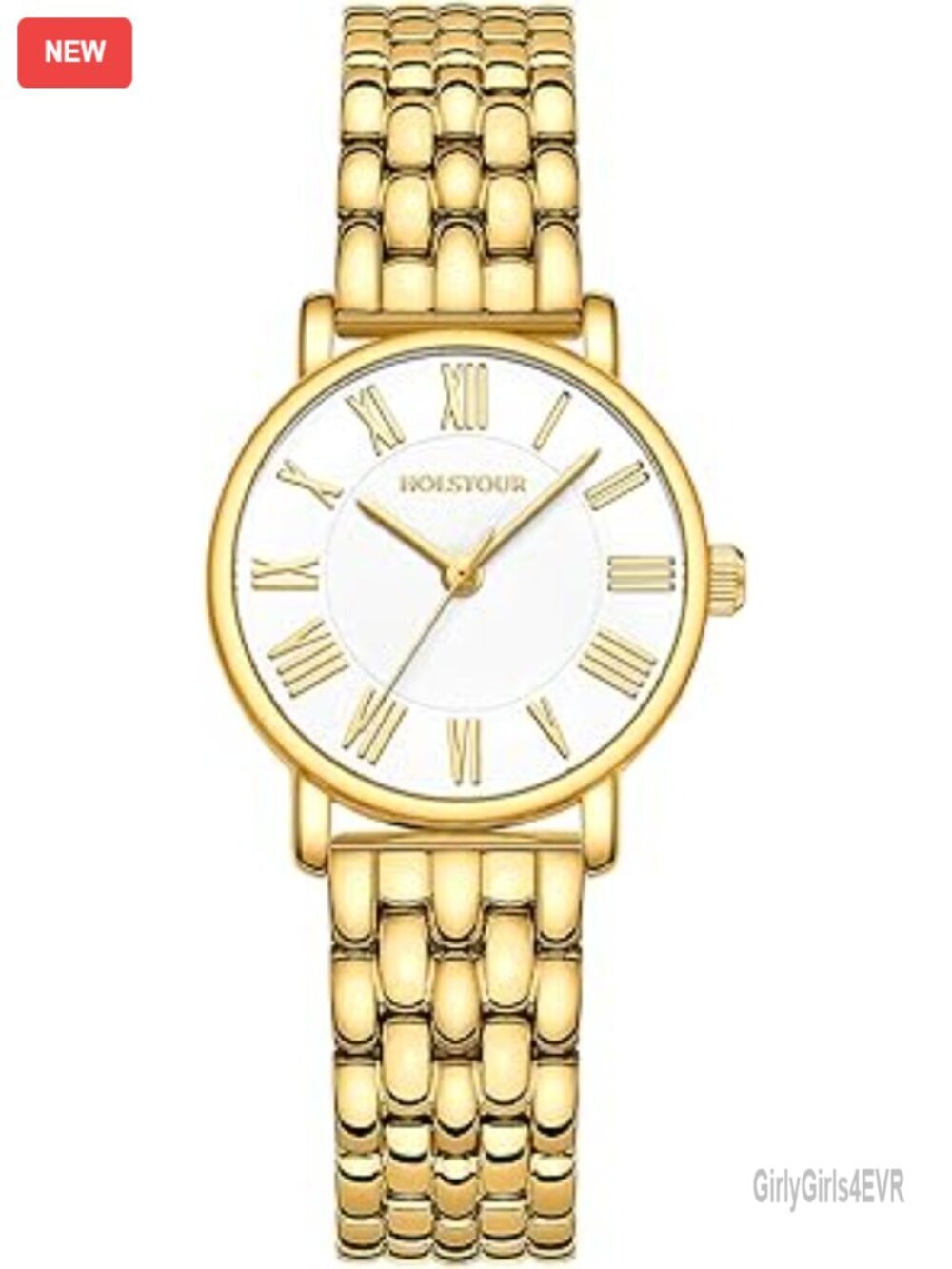 Gold Watch for Women with Roman Dial Stainless Steel Band, Quartz Movement, 30M